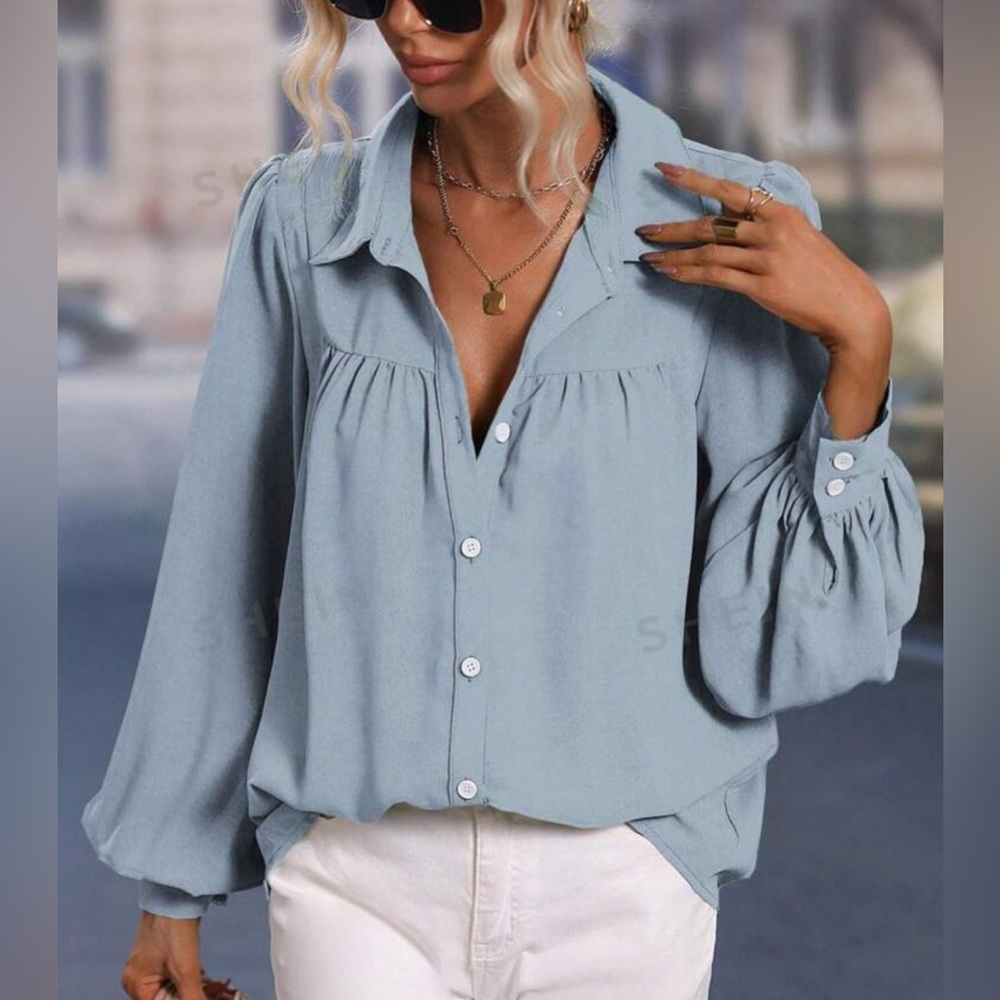 SHEIN Clasi Solid Button Front Bishop Sleeve Shirt